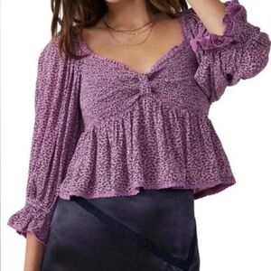 Smocked Peplum Long-Sleeve Top in Lavender Purple